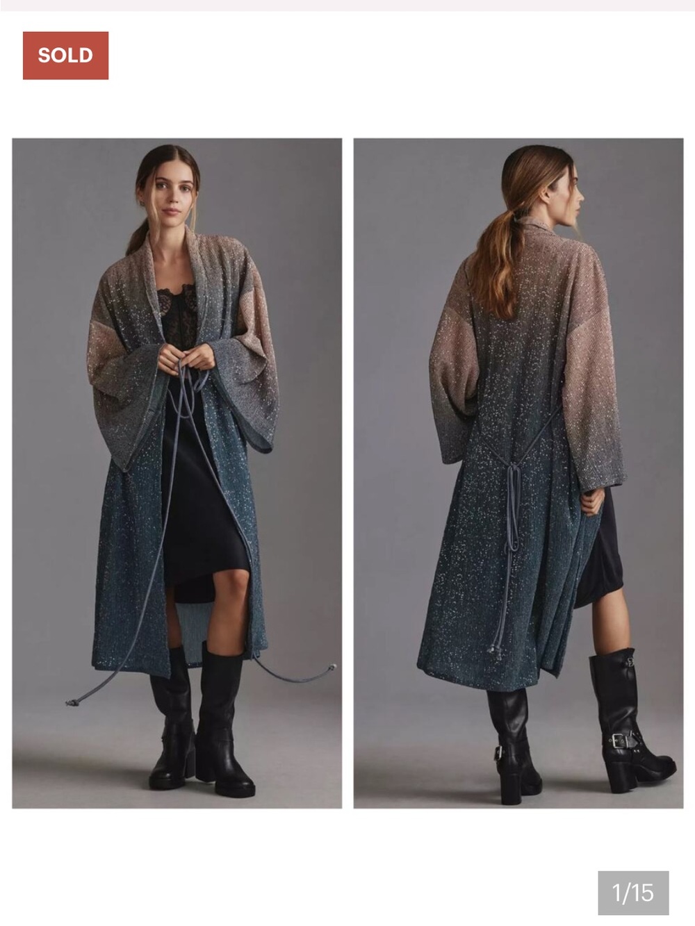 Anthropologie Ombre Speckled Long Kimono Coat in Blue and Brown